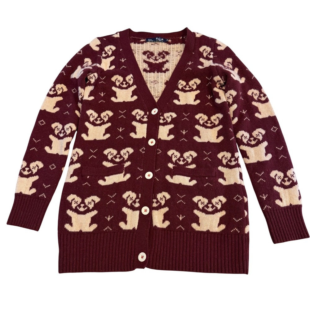 B.C.R Crux Burgundy quirky Puppy Dog Intarsia‎ Knit Longline Cardigan Sweater